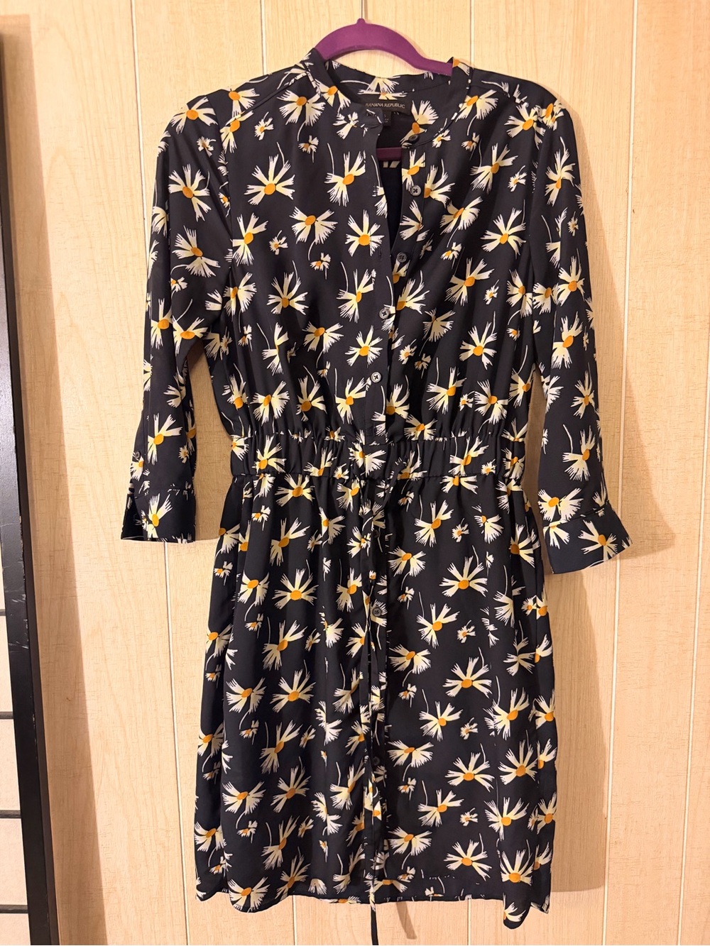 Banana Republic Navy Floral Long-Sleeve Drawstring Waist Dress